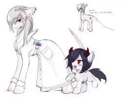 Size: 1680x1344 | Tagged: safe, artist:crossazaphael, derpibooru import, oc, unofficial characters only, original species, pony, clothes, duo, foal, horns, lab coat, limited color, open mouth, simple background, sketch, smiling, soft color, surgical mask, syringe, walking, white background