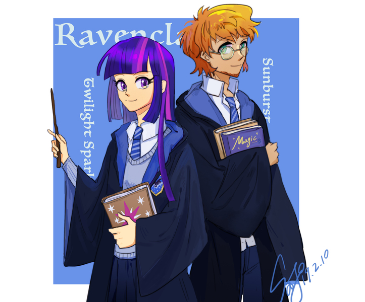 Size: 2987x2480 | Tagged: artist:sadistjolt, clothes, derpibooru import, glasses, harry potter, human, humanized, looking at you, ravenclaw, safe, signature, smiling, sunburst, twilight sparkle