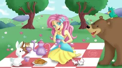 Size: 1280x720 | Tagged: safe, artist:cutydina, derpibooru import, angel bunny, fluttershy, harry, bear, bird, mouse, parrot, rabbit, squirrel, equestria girls, animal, bare shoulders, barefoot, breasts, cleavage, cookie, feet, flower, food, picnic blanket, scenery, sleeveless, strapless, tree