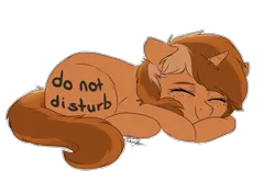 Size: 4960x3508 | Tagged: safe, artist:pucksterv, derpibooru import, oc, oc:sign, unofficial characters only, pony, unicorn, body writing, commission, cute, do not disturb, ear fluff, eyes closed, female, floppy ears, freckles, leg fluff, mare, ocbetes, prone, simple background, sleeping, smiling, solo, transparent background