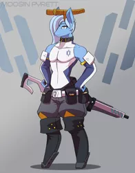 Size: 792x1009 | Tagged: safe, artist:mopyr, derpibooru import, oc, oc:moosin, unofficial characters only, anthro, boots, clothes, collar, fantasy, femboy, gloves, gun, horn, long gloves, male, outfit, pouch, samurai punk, science fiction, shoes, skintight clothes, solo, story included, weapon