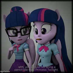 Size: 2367x2367 | Tagged: safe, artist:aryatheeditor, derpibooru import, sci-twi, twilight sparkle, twilight sparkle (alicorn), alicorn, equestria girls, equestria girls series, 3d, bowtie, clothes, cute, dialogue, duo, female, glasses, humans doing horse things, mouth hold, open mouth, pencil, pointing, ponied up, pony ears, ponytail, scitwilicorn, silly, simple background, skirt, source filmmaker, text, twolight, wings