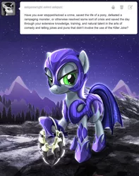 Size: 630x800 | Tagged: safe, artist:dcpip, derpibooru import, oc, oc:pun, earth pony, pony, ask pun, armor, ask, female, mare, night, night guard, solo