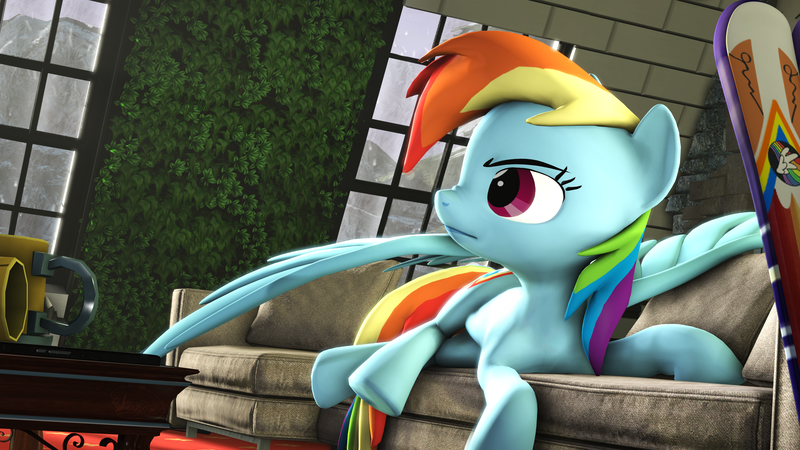 Size: 3840x2160 | Tagged: safe, artist:whiteskyline, derpibooru import, rainbow dash, pony, 3d, couch, ski, source filmmaker