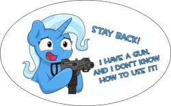 Size: 7237x4514 | Tagged: safe, artist:ljdamz1119, derpibooru import, trixie, pony, unicorn, absurd resolution, female, frown, gun, hoof hold, mac-10, machine pistol, mare, nervous, open mouth, scared, simple background, solo, speech, talking, text, this will end in death, this will end in pain, this will end well, this will not end well, transparent background, wat, weapon, wide eyes