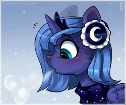 Size: 3000x2500 | Tagged: safe, artist:trickate, derpibooru import, princess luna, alicorn, pony, blushing, bust, cheek fluff, clothes, cute, earmuffs, female, filly, horn, jewelry, lunabetes, mare, portrait, profile, regalia, scarf, snow, solo, tiara, winter, woona, younger