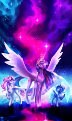 Size: 1889x3175 | Tagged: safe, artist:glitteronin, derpibooru import, princess celestia, princess luna, twilight sparkle, twilight sparkle (alicorn), alicorn, pony, big crown thingy, crown, element of magic, female, jewelry, mare, regalia, royal sisters, smiling, younger