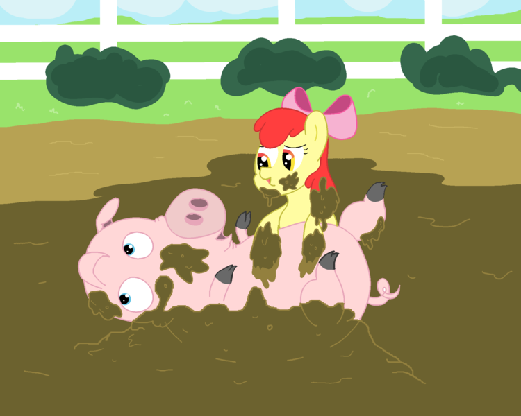 Size: 2000x1600 | Tagged: safe, artist:amateur-draw, derpibooru import, apple bloom, pig, pony, chinese new year, cute, female, fence, filly, messy, mud, muddy, pig pen, wet and messy, year of the pig