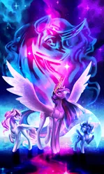 Size: 2975x5000 | Tagged: safe, artist:glitteronin, derpibooru import, princess celestia, princess luna, twilight sparkle, twilight sparkle (alicorn), alicorn, pony, big crown thingy, crown, element of magic, female, jewelry, mare, regalia, royal sisters, smiling, younger