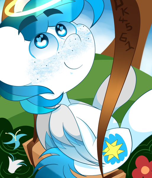 Size: 1500x1750 | Tagged: safe, artist:dannykay4561, derpibooru import, oc, oc:cloud flicker, pegasus, pony, anime eyes, cute, cutie mark, flower, freckles, halo, heart eyes, looking at you, looking back, male, smiling, solo, swing, wingding eyes