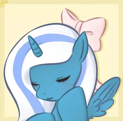 Size: 3541x3469 | Tagged: safe, artist:anime1448, derpibooru import, oc, oc:fleurbelle, unofficial characters only, alicorn, pony, reflections, spoiler:comic, adorabelle, alicorn oc, bow, cute, eyes closed, female, hair bow, hoof on chin, horn, mare, ribbon, simple background, solo, spread wings, sweet, wings, yellow background