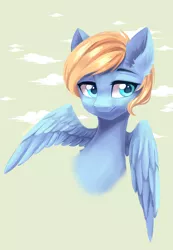 Size: 1248x1806 | Tagged: safe, artist:hikerumin, derpibooru import, oc, unnamed oc, unofficial characters only, pegasus, pony, blue coat, bust, ear fluff, portrait, signature, solo, spread wings, wings