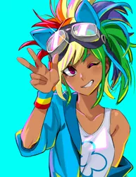 Size: 2550x3300 | Tagged: safe, artist:rustyartist, derpibooru import, kotobukiya, rainbow dash, human, equestria girls, anime, blue background, clothes, cute, dark skin, dashabetes, fake ears, goggles, humanized, kotobukiya rainbow dash, one eye closed, peace sign, pixiv, simple background, smiling, solo, tan, wink, wristband