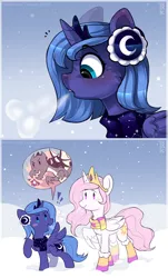 Size: 1280x2120 | Tagged: safe, artist:trickate, derpibooru import, princess celestia, princess luna, alicorn, dragon, pony, 2 panel comic, blush sticker, blushing, boots, cewestia, cheek fluff, clothes, comic, crown, cute, cutelestia, duo, earmuffs, exclamation point, female, filly, jewelry, lunabetes, open mouth, pictogram, pink-mane celestia, profile, regalia, relatable, royal sisters, scarf, shoes, siblings, sisters, snow, speech bubble, winter, woona, younger