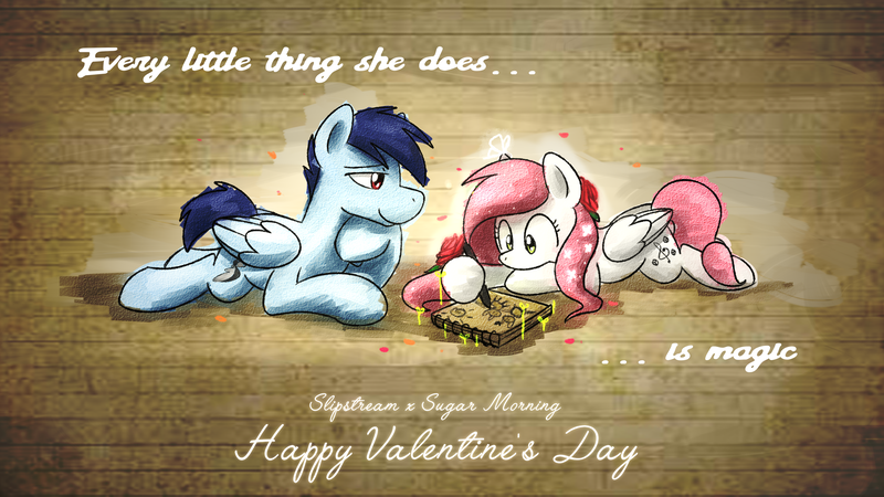 Size: 3840x2160 | Tagged: safe, artist:sugar morning, derpibooru import, oc, oc:slipstream, oc:sugar morning, unofficial characters only, pegasus, pony, couple, cute, drawing, female, happy hearts and hooves day, happy valentines day, hearts and hooves day, lying down, male, mare, oc x oc, shipping, sketchbook, stallion, straight, sugarstream, vignette, vintage