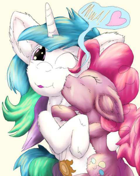 Size: 1418x1775 | Tagged: safe, artist:firefanatic, derpibooru import, pinkie pie, princess celestia, pony, cute, fluffy, heart, kissing, messy mane, missing accessory