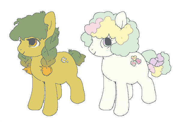 Size: 600x406 | Tagged: safe, artist:eqen, derpibooru import, oc, oc:candy gram, oc:love me not, unofficial characters only, earth pony, pony, adoptable, bow, braid, duo, female, freckles, mare, pigtails, simple background, smiling, standing, tail bow, white background