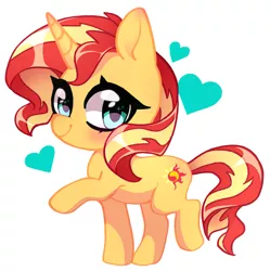 Size: 1455x1463 | Tagged: safe, artist:techycutie, derpibooru import, sunset shimmer, pony, unicorn, equestria girls, blushing, chibi, cute, cutie mark, heart, looking at you, shimmerbetes, solo, sparkles