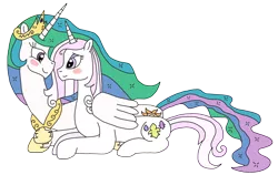 Size: 3024x1914 | Tagged: safe, artist:supahdonarudo, derpibooru import, fleur-de-lis, princess celestia, pony, blushing, female, fleurestia, hug, lesbian, prone, shipping, simple background, snuggling, transparent background, wing blanket, winghug