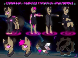 Size: 2150x1600 | Tagged: safe, artist:al1-ce, derpibooru import, oc, oc:sinraal, anthro, earth pony, pony, anthro with ponies, brown hair, chromatic aberration, clothes, cutie mark, floating, glow, hologram, male, palette, pink hair, reference, reference sheet, scar, solo, space, stallion, standing, triangle, visor