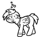 Size: 166x150 | Tagged: safe, artist:crazyperson, derpibooru import, oc, unofficial characters only, pony, unicorn, fallout equestria, fallout equestria: commonwealth, black and white, blushing, clothes, fanfic art, generic pony, grayscale, monochrome, mutation, picture for breezies, sick, simple background, solo, tongue out, transparent background, vault suit