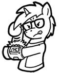 Size: 121x150 | Tagged: safe, artist:crazyperson, derpibooru import, oc, unofficial characters only, pony, unicorn, fallout equestria, fallout equestria: commonwealth, fanfic, black and white, clothes, fanfic art, generic pony, glasses, grayscale, hooves, horn, monochrome, picture for breezies, pipbuck, simple background, solo, tongue out, transparent background, vault suit