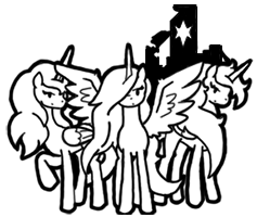 Size: 237x200 | Tagged: safe, artist:crazyperson, derpibooru import, oc, unofficial characters only, alicorn, pony, fallout equestria, fallout equestria: commonwealth, fanfic, artificial alicorn, black and white, fanfic art, female, generic pony, grayscale, horn, mare, monochrome, picture for breezies, simple background, spread wings, transparent background, trio, wings