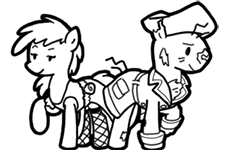 Size: 225x150 | Tagged: safe, artist:crazyperson, derpibooru import, oc, ponified, unofficial characters only, earth pony, ghoul, pony, undead, fallout equestria, fallout equestria: commonwealth, fanfic, black and white, clothes, coat, dress, duo, fanfic art, female, generic pony, goodneighbor, grayscale, hat, hooves, john hancock (fallout), male, mare, monochrome, picture for breezies, raised eyebrow, simple background, stallion, transparent background