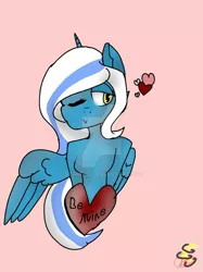 Size: 800x1067 | Tagged: alicorn, alicorn oc, anthro, artist:starfoil, derpibooru import, deviantart watermark, female, happy, heart, hearts and hooves day, holiday, horn, love, mare, obtrusive watermark, oc, oc:fleurbelle, one eye closed, one eye open, pink background, safe, simple background, valentine's day, watermark, wings, yellow eyes