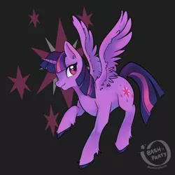 Size: 800x800 | Tagged: safe, artist:coconutbash, derpibooru import, twilight sparkle, twilight sparkle (alicorn), alicorn, pony, colored hooves, cutie mark, cutie mark background, female, horn, looking at you, mare, raised hoof, signature, solo, spread wings, unshorn fetlocks, watermark, wings