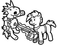 Size: 188x150 | Tagged: safe, artist:crazyperson, derpibooru import, oc, unofficial characters only, pony, unicorn, fallout equestria, fallout equestria: commonwealth, fanfic, black and white, clothes, dead, death, duo, fanfic art, generic pony, glowing horn, grayscale, gun, hooves, horn, levitation, magic, male, monochrome, murder, open mouth, picture for breezies, raider, shooting, shotgun, simple background, stallion, telekinesis, transparent background, vault suit, weapon, x eyes