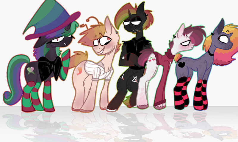 Size: 1024x609 | Tagged: safe, artist:rad33, derpibooru import, oc, oc:cherry pop, oc:cordilyne heartbeat, oc:meatbeat mania, oc:prisma tease, oc:sea shrimp, unofficial characters only, pony, pony town, bisexual, clothes, ear piercing, earring, female, femboy, hat, hoodie, jacket, jewelry, male, necklace, piercing, socks, straight, striped socks, sweater, trap, wizard hat