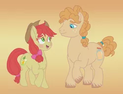 Size: 2700x2048 | Tagged: safe, artist:itoruna-the-platypus, derpibooru import, bright mac, pear butter, earth pony, pony, blushing, bright bloom, brightabetes, cowboy hat, cute, female, freckles, hat, high res, looking at each other, male, mare, open mouth, pear brandy, pearabetes, rule 63, rule63betes, smiling, stallion, stetson, unshorn fetlocks