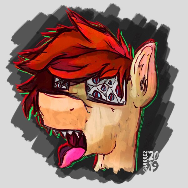 Size: 925x925 | Tagged: semi-grimdark, artist:charrez, derpibooru import, oc, oc:frozen spirit, pony, glasses, multiple eyes, open mouth, scary, sharp teeth, solo, teeth, tongue out