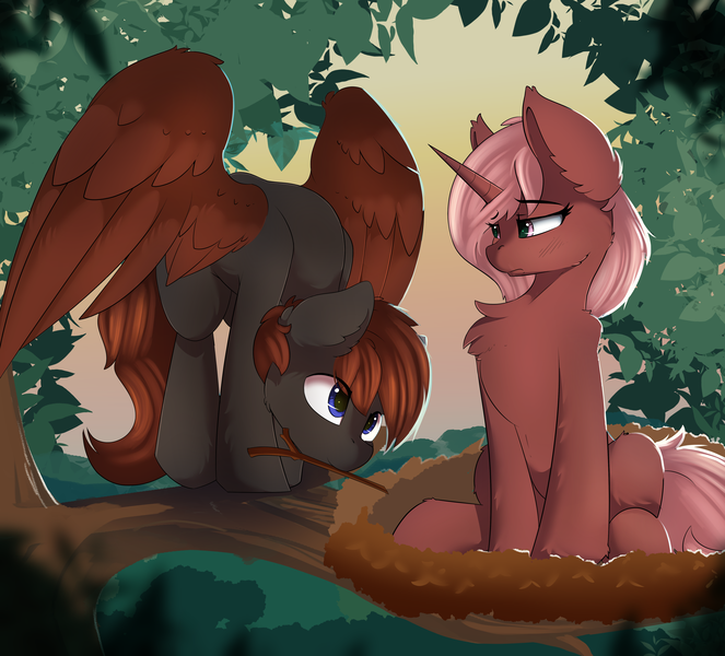 Size: 4816x4360 | Tagged: safe, artist:beardie, derpibooru import, oc, oc:cherry sundae, oc:crimson wings, unofficial characters only, pegasus, pony, unicorn, fallout equestria, fallout equestria: broken bonds, absurd resolution, behaving like a bird, bird nest, chest fluff, commission, fanfic art, female, image, lemme smash, male, mare, mating dance, nest, png, stallion, stick, tree, unamused