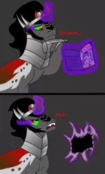 Size: 1024x1683 | Tagged: safe, artist:dasucs, artist:mrtheamazingdude, artist:mtad2, derpibooru import, idw, king sombra, pony, unicorn, spoiler:comic, burning, comic drama, glowing eyes, gray background, hilarious in hindsight, idw drama, magic, male, simple background, solo, sombra eyes, speech, stallion, talking, telekinesis, thinking