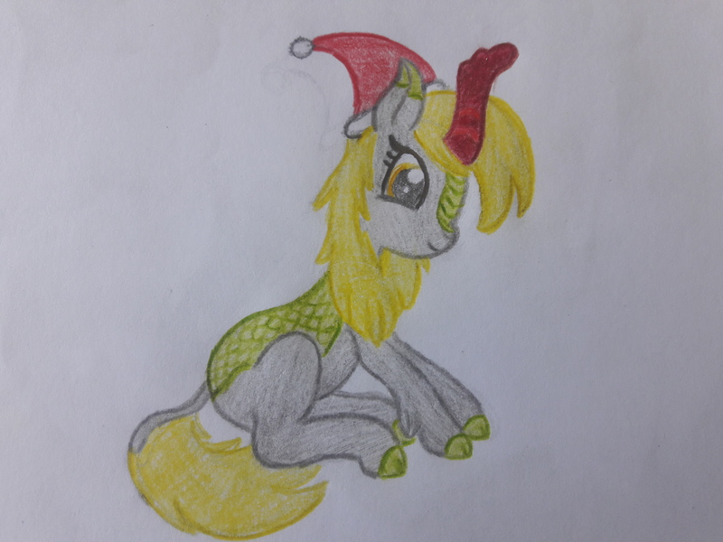 Size: 4128x3096 | Tagged: safe, artist:juani236, derpibooru import, derpy hooves, kirin, christmas, hand drawing, hat, holiday, kirinified, paper, santa hat, sitting, solo, species swap, traditional art