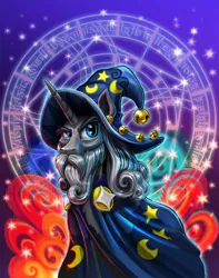 Size: 1200x1521 | Tagged: safe, artist:harwick, derpibooru import, star swirl the bearded, pony, unicorn, beard, cape, clothes, facial hair, hat, magic, magic circle, male, moustache, raised eyebrow, robe, solo, stallion, wizard hat