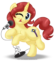 Size: 2820x3145 | Tagged: safe, alternate version, artist:aleximusprime, derpibooru import, oc, oc:eilemonty, unofficial characters only, pony, unicorn, cute, dancing, eilemonty, female, freckles, horn, microphone, one eye closed, ponysona, solo, standing, standing on one leg, unicorn oc, wink