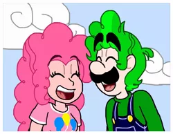 Size: 971x752 | Tagged: safe, artist:zer0cute, derpibooru import, pinkie pie, equestria girls, clothes, crossover, eyes closed, green hair, image, jpeg, laughing, luigi, luigipie, nintendo, overalls, puffy mane, shirt, super mario bros., undershirt