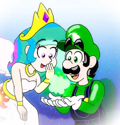 Size: 1246x1292 | Tagged: safe, artist:zer0cute, derpibooru import, princess celestia, butterfly, human, equestria girls, bracelet, cap, clothes, crossover, crown, dream, dream world, dress, gloves, glow, hat, humanized, jewelry, luigi, luigi's hat, necklace, nintendo, overalls, pegasus wings, regalia, shirt, undershirt, winged humanization, wings