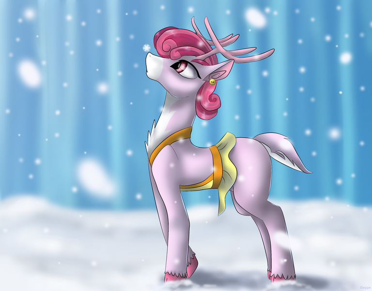 Size: 3200x2500 | Tagged: safe, artist:iseppe, derpibooru import, bori the reindeer, deer, pony, reindeer, best gift ever, boribetes, chest fluff, cute, female, high res, profile, snow, snowfall, solo, winter