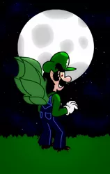 Size: 908x1434 | Tagged: artist:zer0cute, bat wings, cap, clothes, crossover, cute, cute little fangs, derpibooru import, fangs, gloves, green wings, hat, human, humanized, looking at you, luigi, luigi's hat, moon, moonlight, night, no pony, overalls, safe, shirt, shoes, smiling, super mario bros., undershirt, vampire, winged humanization, wings