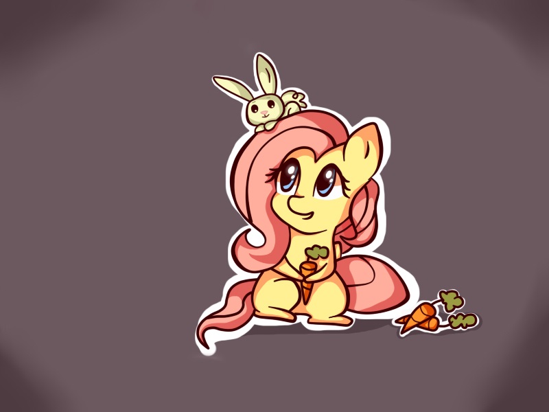 Size: 800x600 | Tagged: safe, artist:von-seay, derpibooru import, angel bunny, fluttershy, pony, angelbetes, carrot, chibi, cute, duo, food, hoof hold, missing cutie mark, shyabetes