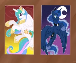 Size: 2500x2101 | Tagged: source needed, safe, artist:redpalette, derpibooru import, princess celestia, princess luna, alicorn, pony, duo, elegant, female, flying, jewelry, mare, moon, painting, regalia, siblings, sisters, sun