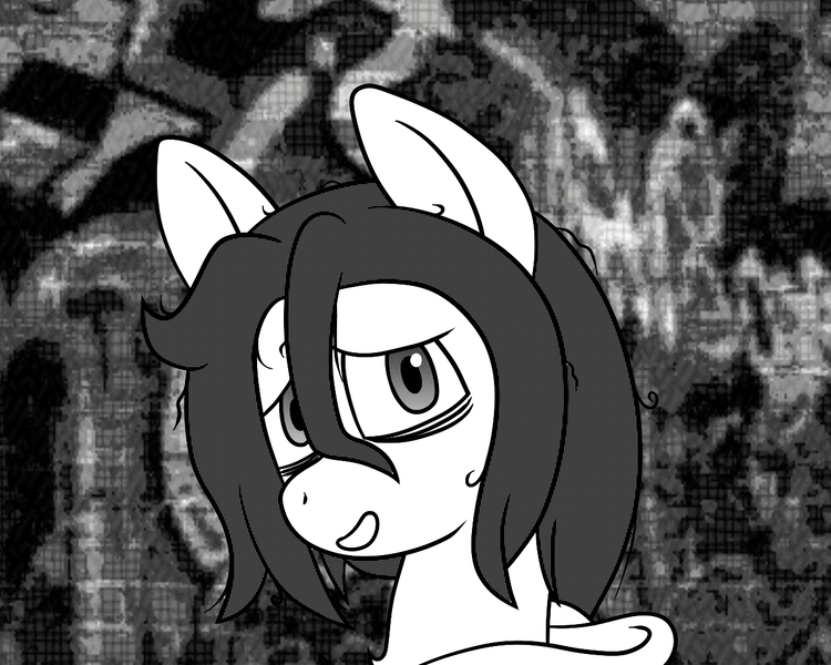 Size: 1280x1024 | Tagged: safe, artist:scraggleman, derpibooru import, oc, oc:floor bored, unofficial characters only, earth pony, pony, bags under eyes, monochrome, story included, story:lost and found