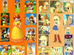 Size: 1500x1125 | Tagged: safe, artist:daniotheman, artist:sugar-loop, derpibooru import, applejack, earth pony, human, pony, equestria girls, equestria girls (movie), friendship games, legend of everfree, apple daisy, camp everfree outfits, clothes, crossover, fall formal outfits, hasbro, hasbro studios, image, legs, mario golf, mario golf toadstool tour, mario golf world tour, mario party, mario party 4, mario super sluggers, nintendo, png, ponied up, princess daisy, super mario bros., super smash bros., super smash bros. brawl, wondercolt ears, wondercolts, wondercolts uniform