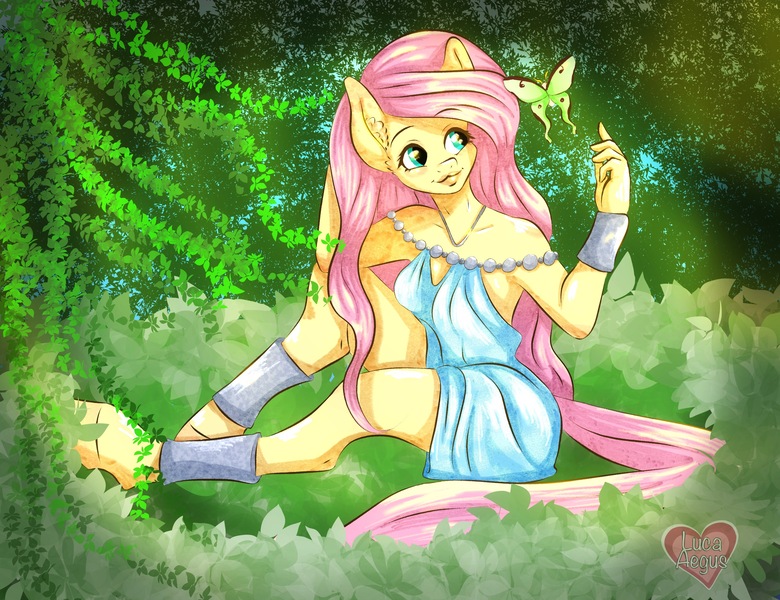 Size: 2600x2000 | Tagged: anthro, artist:lucaaegus, butterfly, clothes, derpibooru import, dress, female, fluttershy, mare, pegasus, safe, smiling, solo, unguligrade anthro