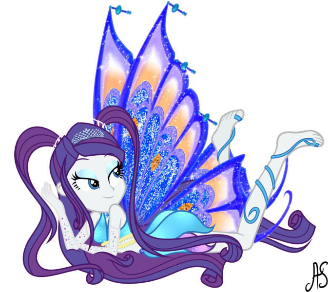 Size: 2865x2555 | Tagged: safe, artist:sparkling-sunset-s08, derpibooru import, rarity, fairy, human, equestria girls, the other side, barefoot, barely eqg related, clothes, crossover, crown, enchantix, fairy dust, fairy wings, feet, gloves, humanized, jewelry, long gloves, long hair, pigtails, rainbow s.r.l, regalia, stella (winx club), winged humanization, wings, winx club