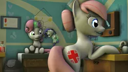 Size: 1920x1080 | Tagged: safe, artist:caveboy2000, derpibooru import, nurse redheart, sweetie belle, pony, 3d, cutie mark, doctor, female, filly, hammer, happy, magic, mare, plushie, rarity plushie, smiling